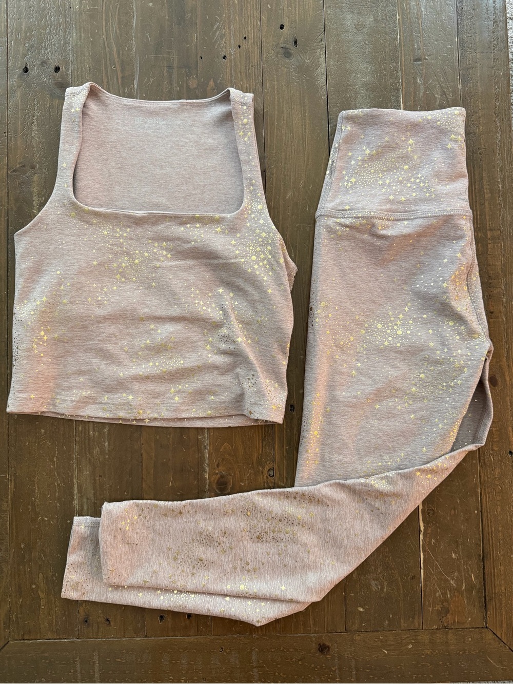 Beyond Yoga Tan Leggings and Tank - Gold Star Print